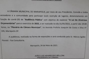 Audiência Pública, Dia 31/05 as 19;00 Horas, Câmara Municipal 